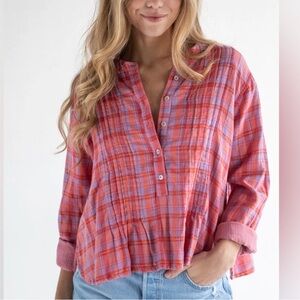 Natural Life Montana Cotton Gauze Top Pink Lavender Plaid Metallic Size M